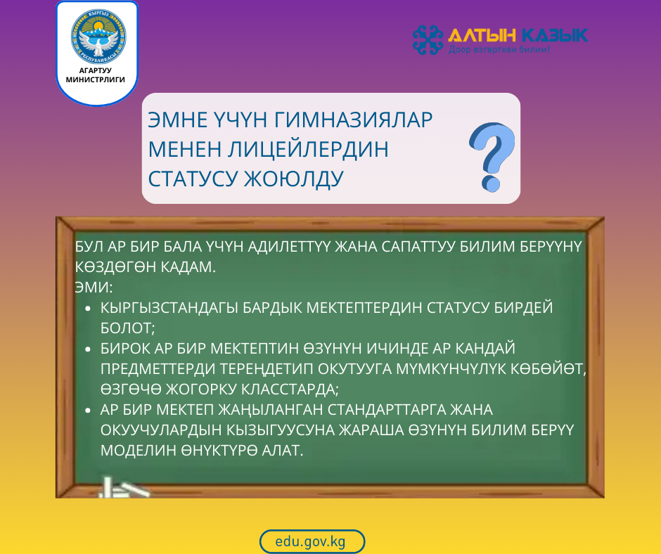 Гимназия менен лицейлердин статусун жоюу