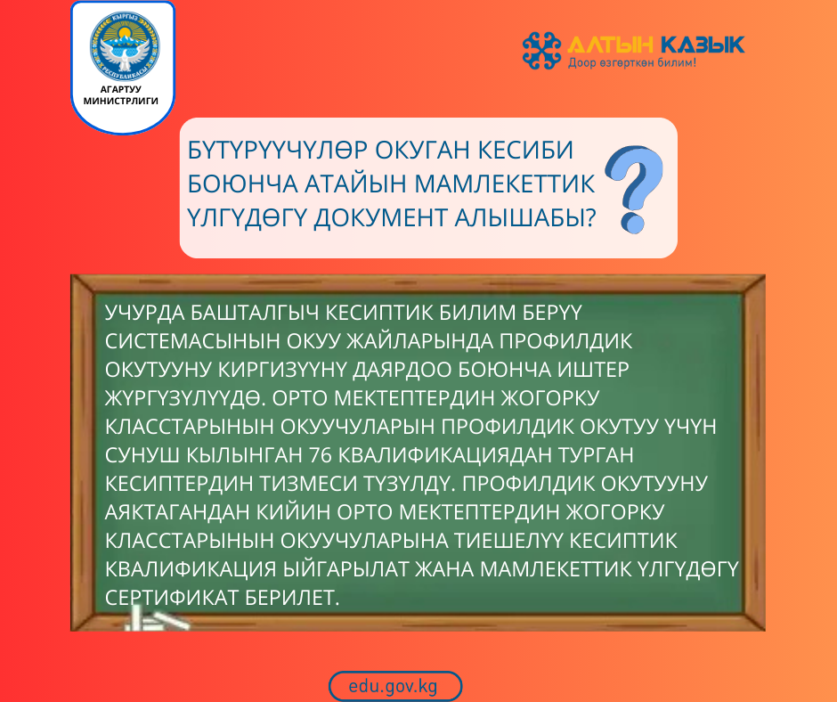 Бүтүрүүчүлөр окуган кесиби боюнча атайын мамлекеттик үлгүдөгү документ алышабы?